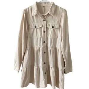 Free People‎ Beige Tiered Mini Cotton Dress Long Sleeve Button Down Collared Sm